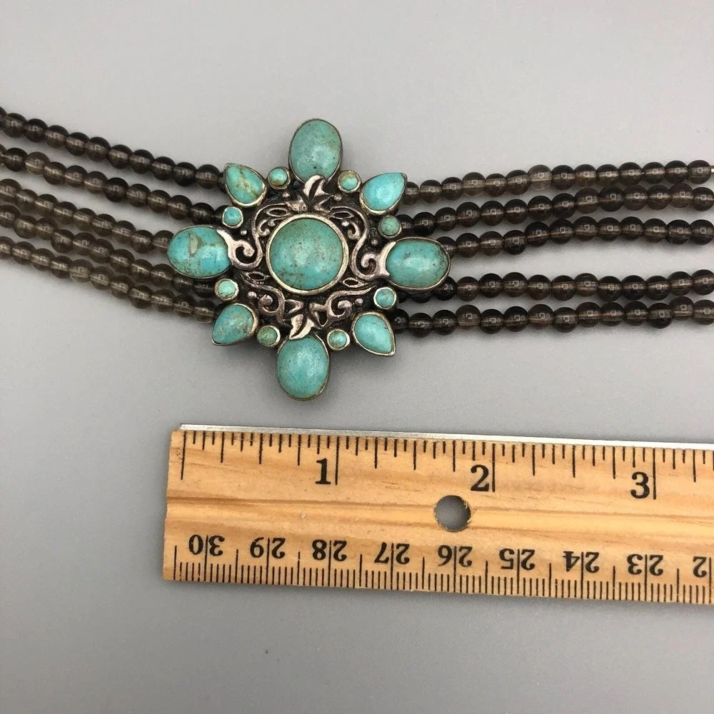 Barse Sterling Silver Turquoise Bracelet Beaded Smoky Quartz 7.5